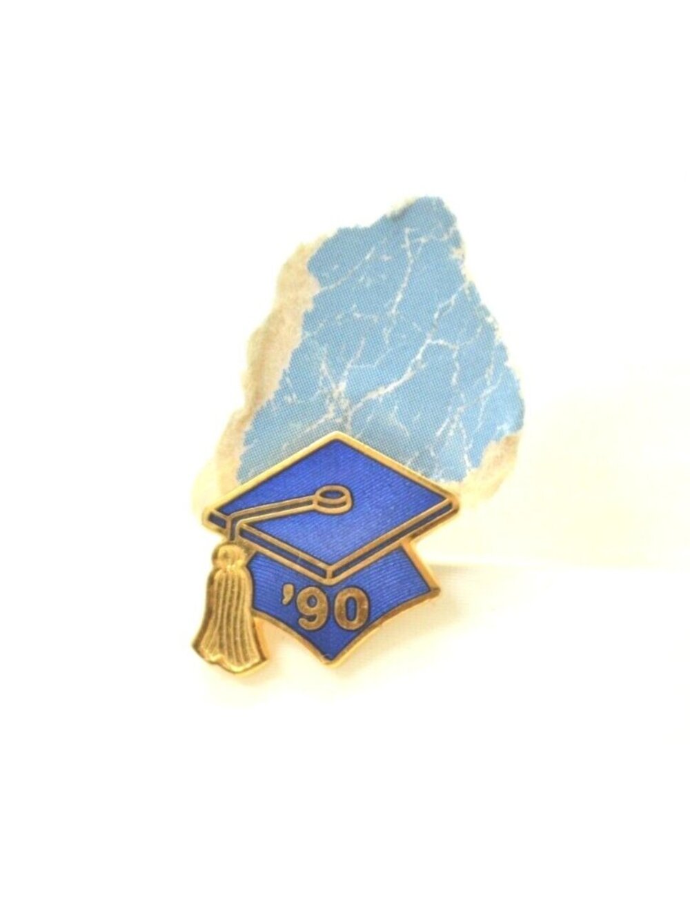 1990 Graduation Cap Pin Hallmark Cards Gold Tone Enamel Lapel Gear Vintage Blue